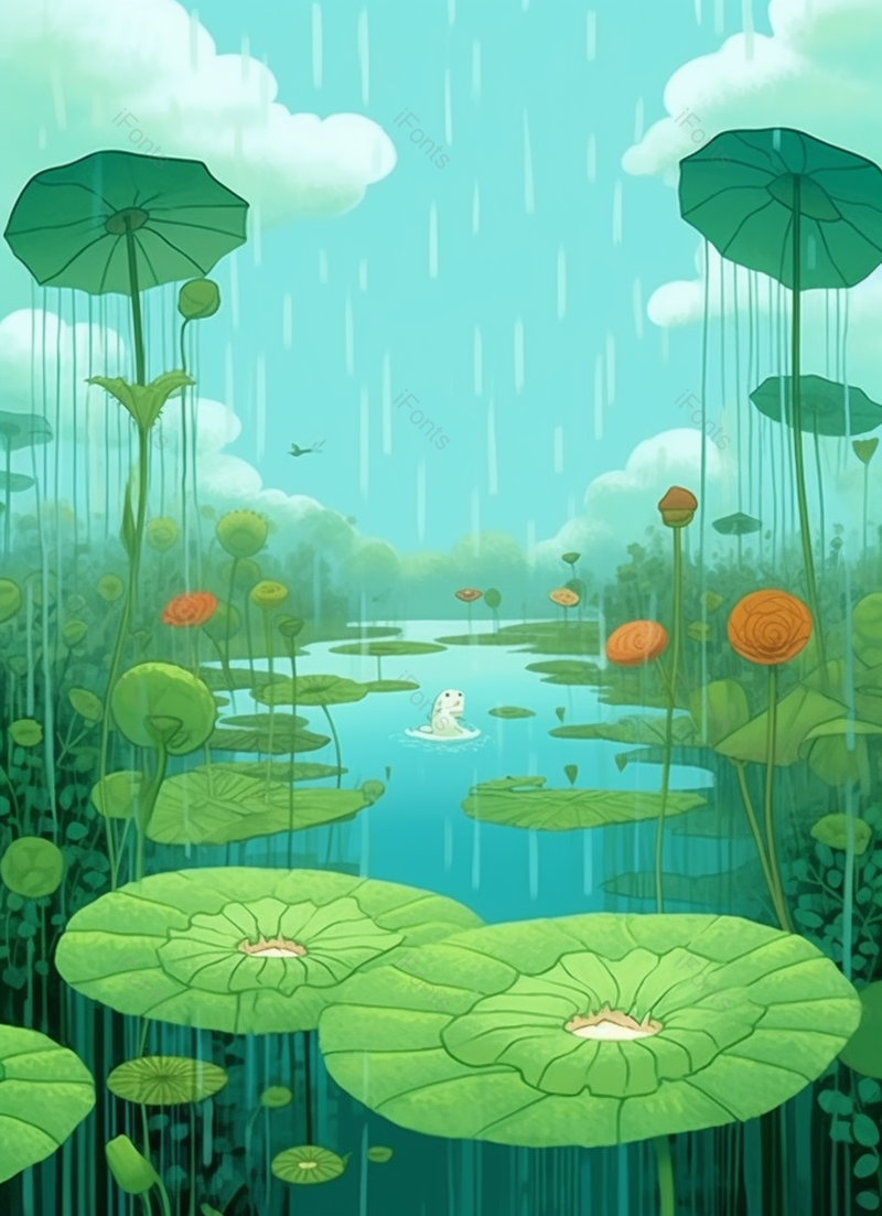 绿色的夏天池塘里濛濛细雨下的荷叶荷花背景,插画/手绘图,插画/手绘图库,插画/手绘图下载,插画/手绘